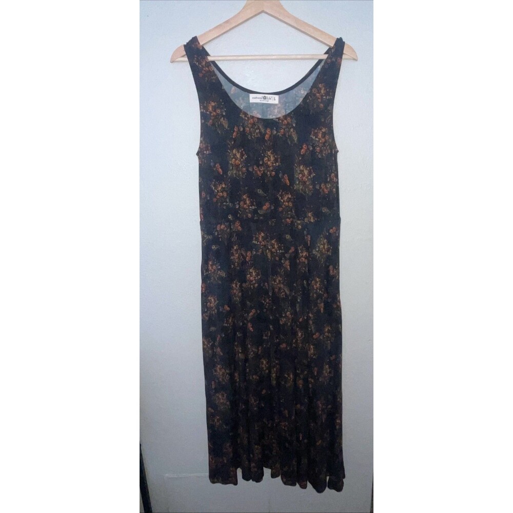 Natural Life Midi Dress Womens L Black Floral Sleeveless Pockets Rayon Spandex